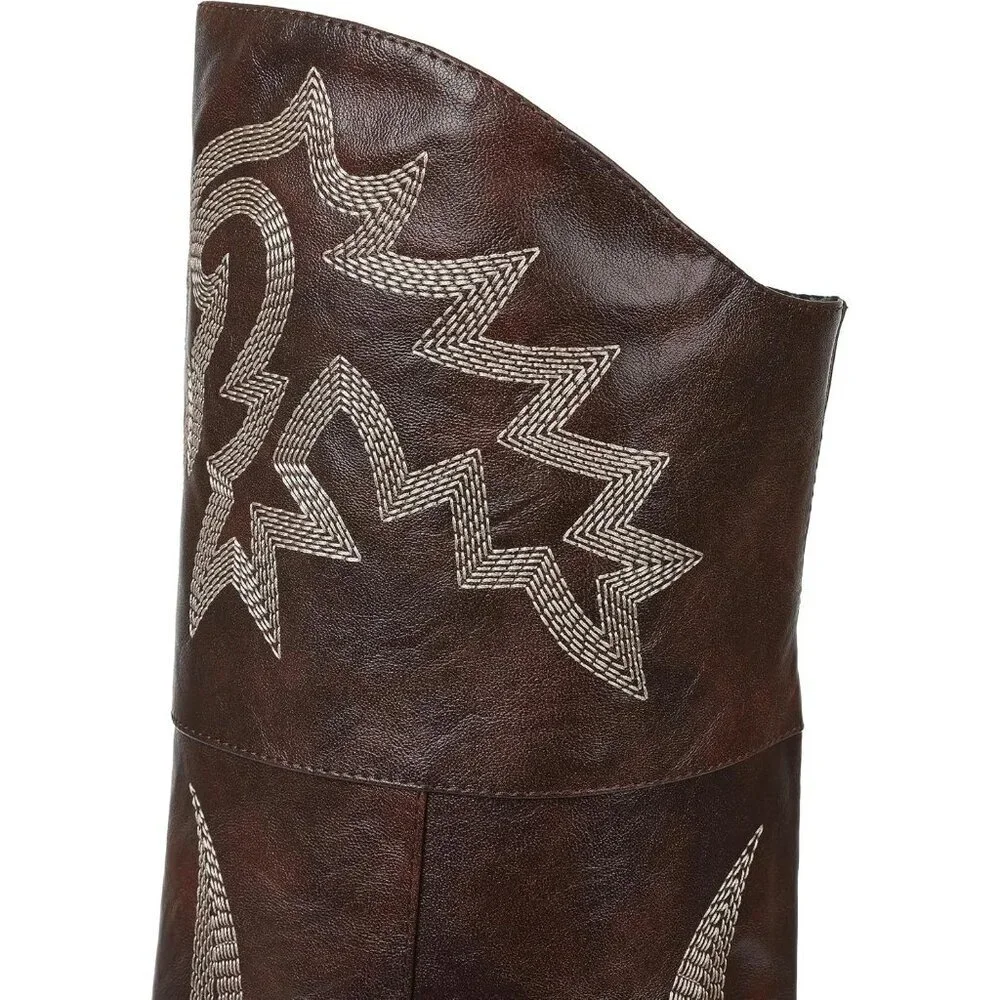 Women Dark Brown Pu Polyurethane Embroidered Pointed Toe Chunky Heels Tall Boots